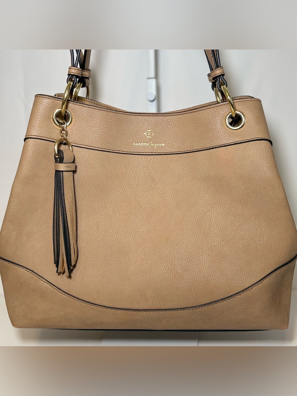 Nanette Lepore Tan Pebbled Leather Shoulder Bag with Tassel Accent